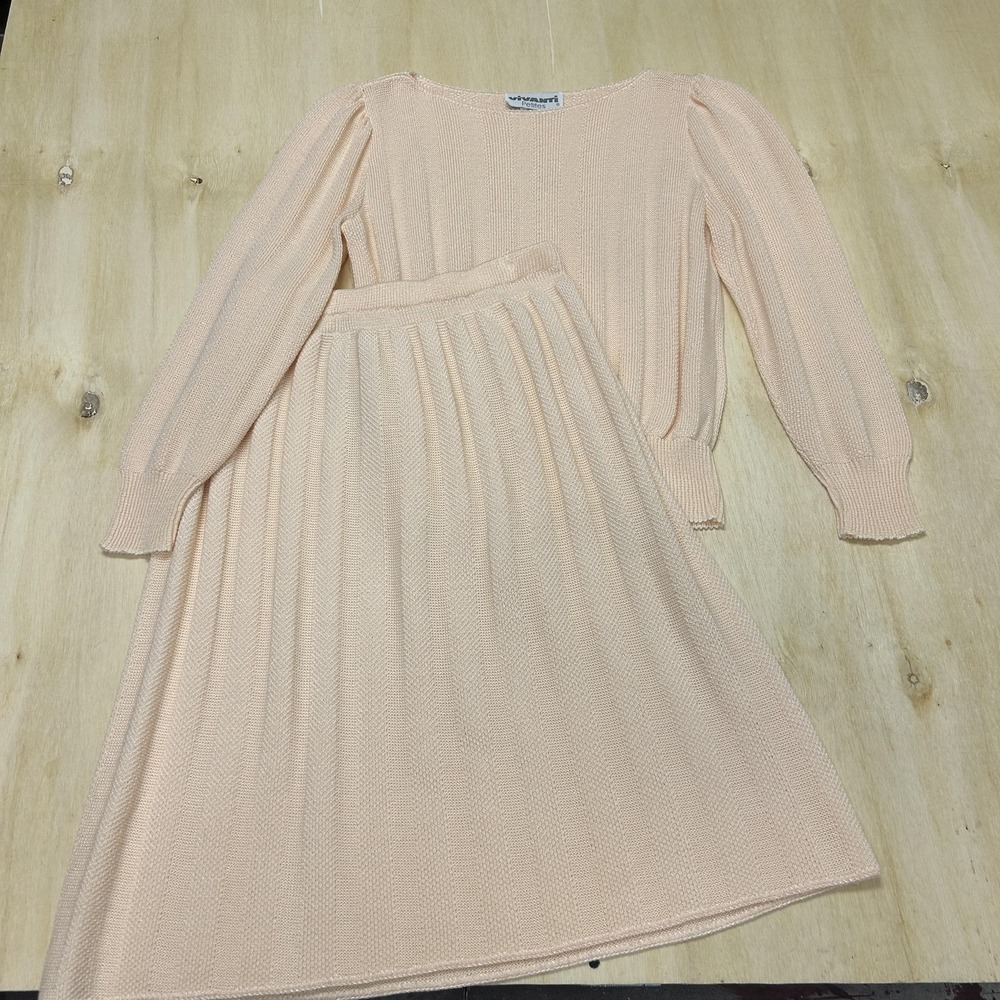 Vintage Vivanti Sweater Skirt Set Womens Petites 14 Pink Knit Elastic Waist USA